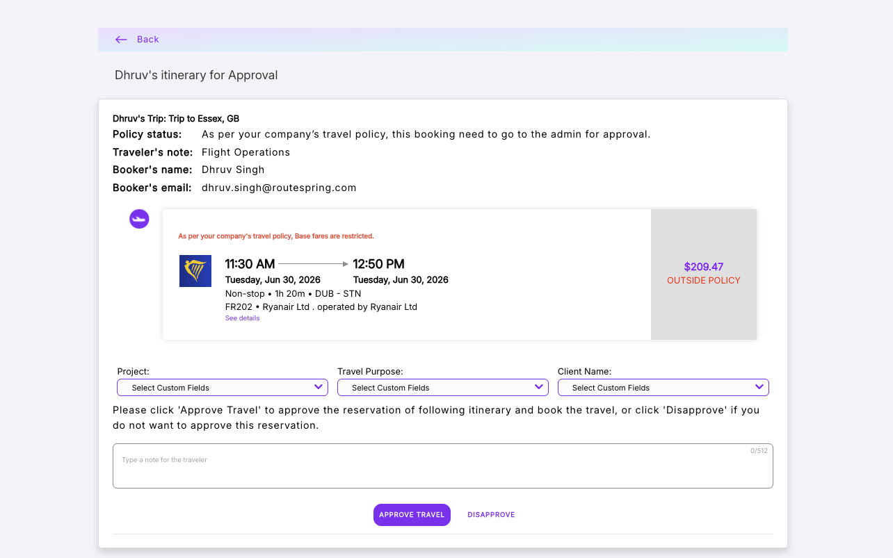 Travel Manager approval page showing outside-policy Ryanair itinerary with Approve Travel and Disapprove buttons