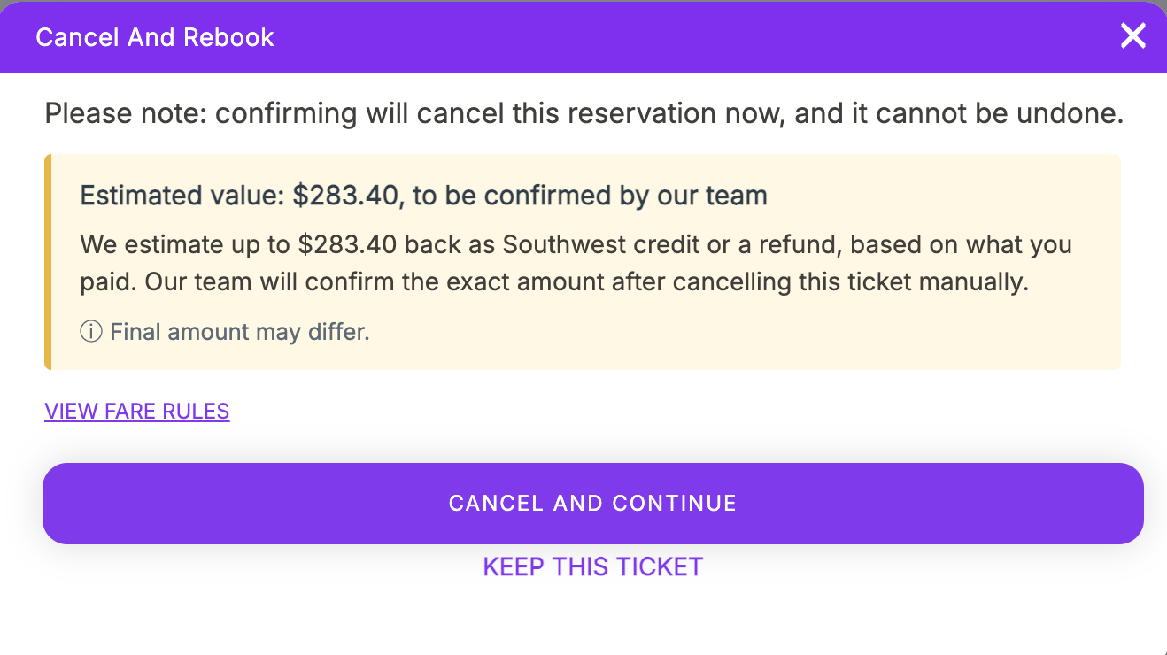 pre-cancel preview panel, provisional estimate example