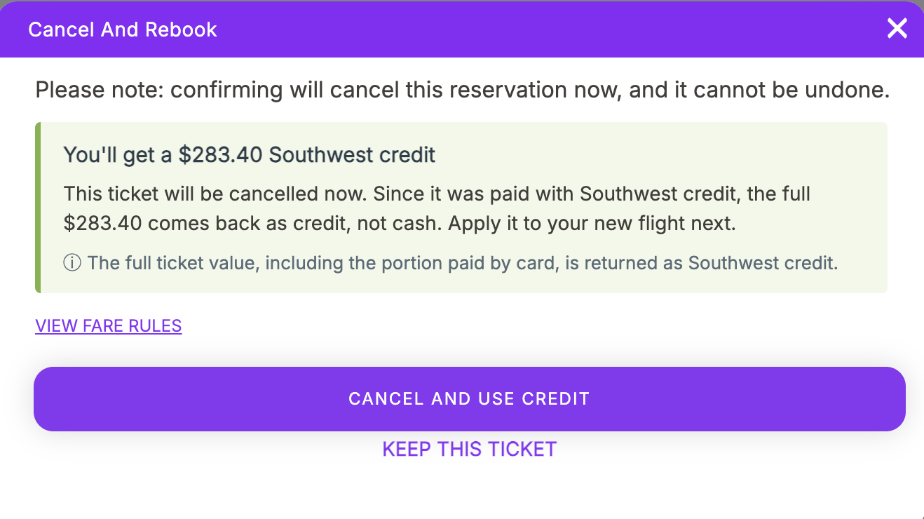 refundable fare paid with credit