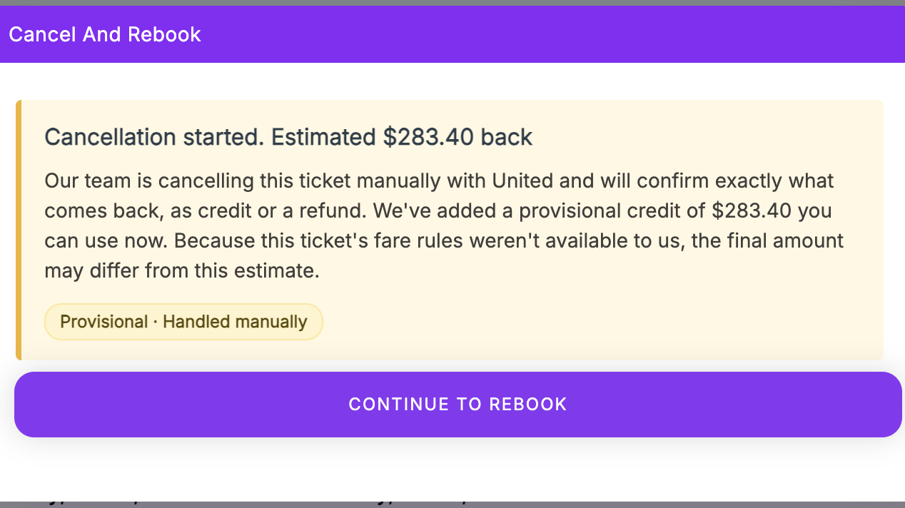 provisional credit, unknown fare
