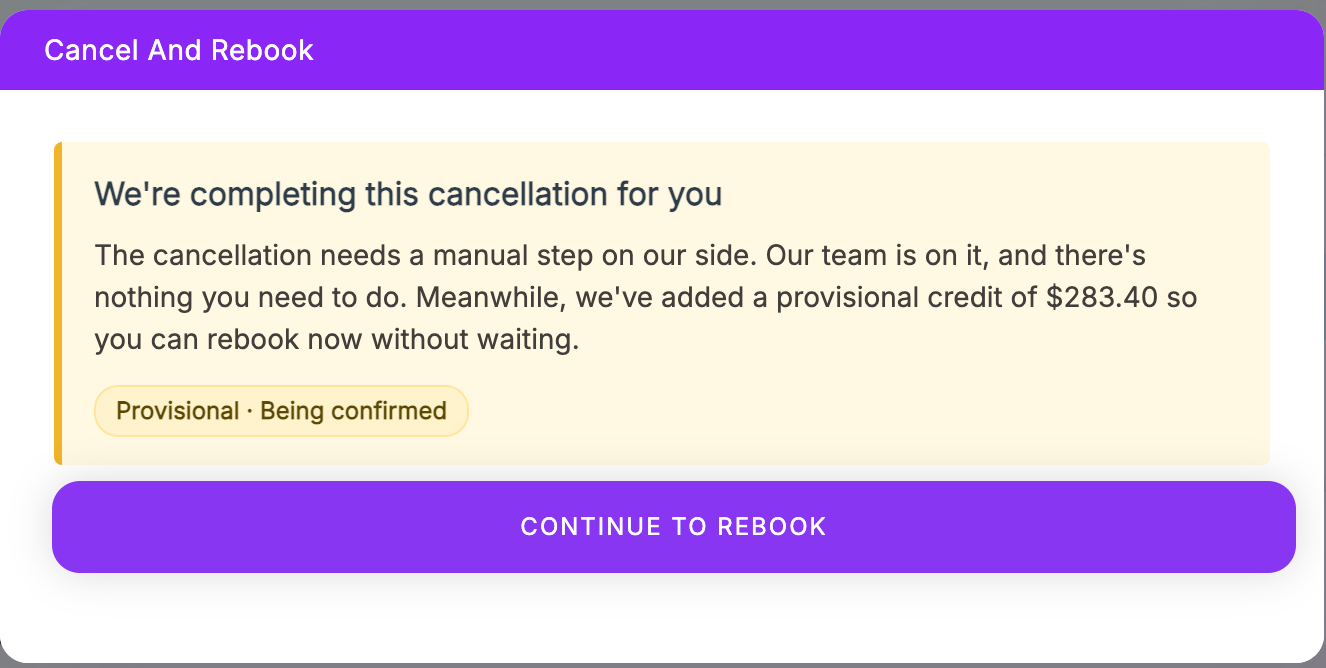 Post-cancel confirmation screen with Continue to rebook, provisional credit variant