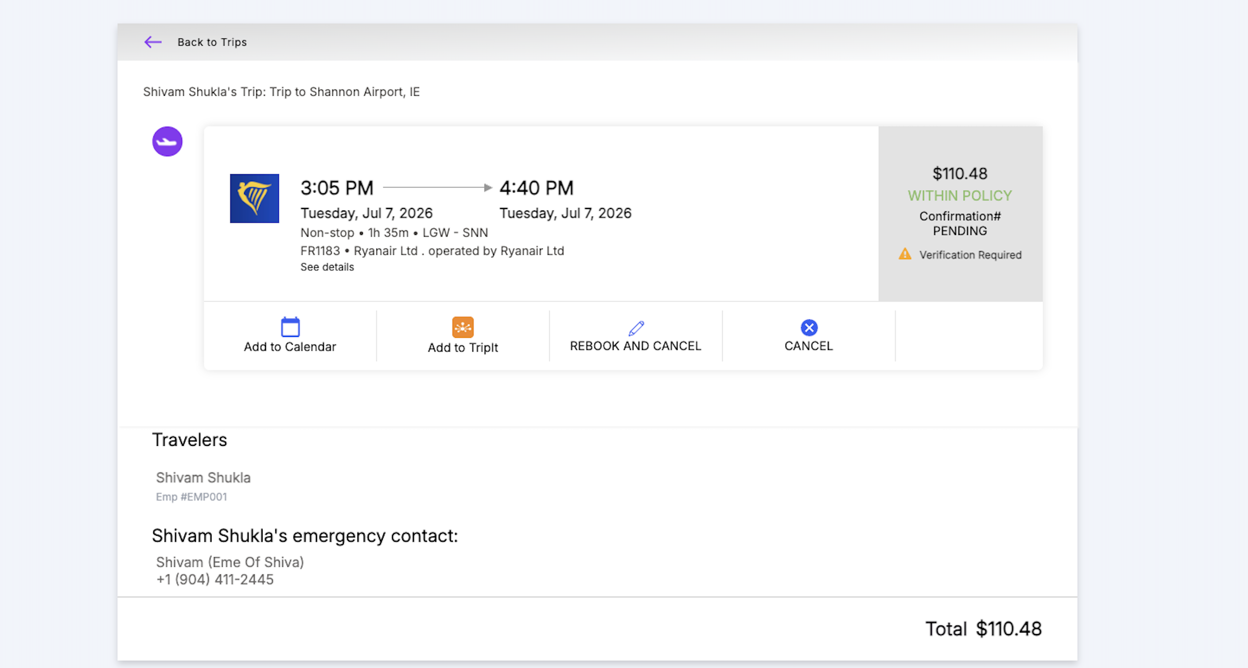 Booking detail page showing Verification Required status