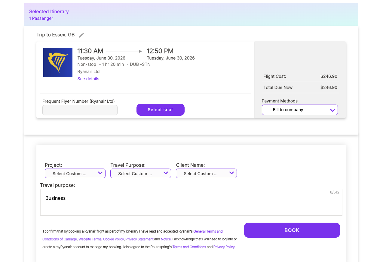 Booking review screen with Ryanair flight details, consent notice and Book button