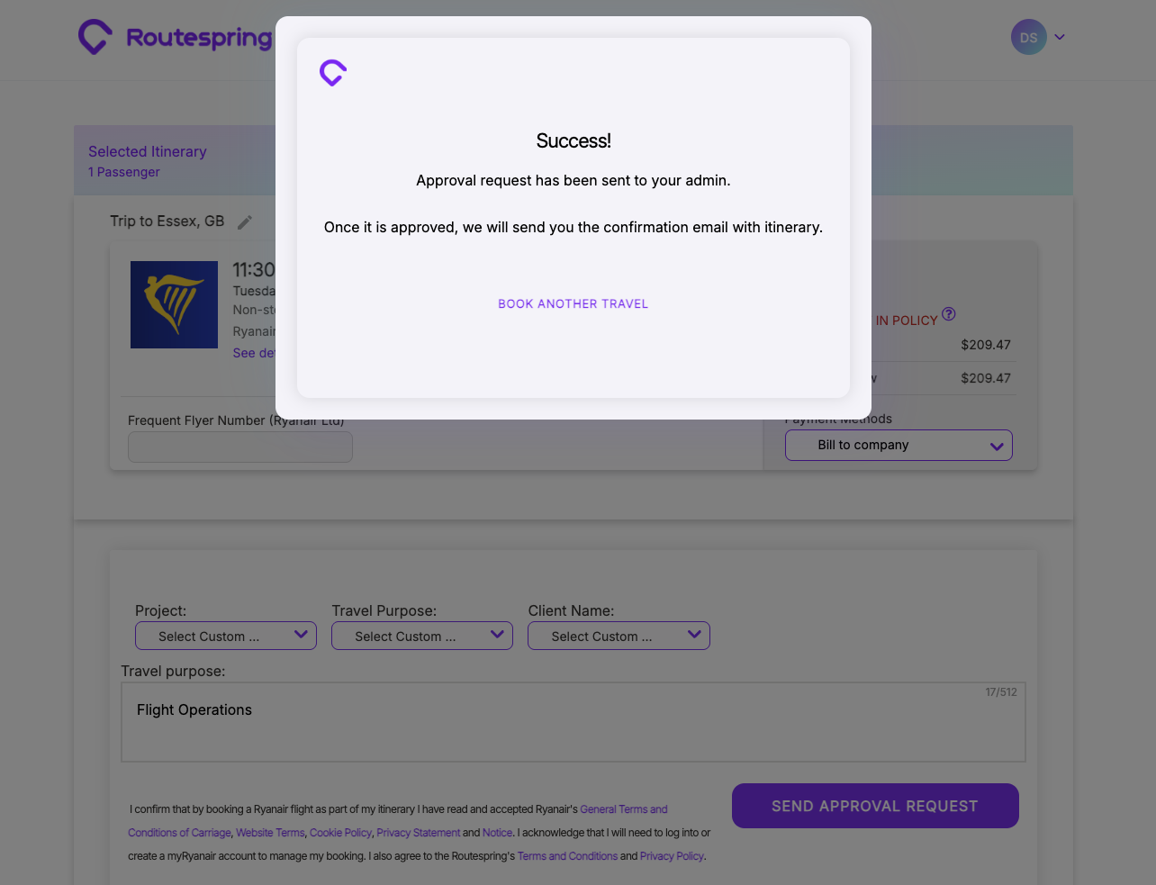 Success modal confirming approval request has been sent to admin
