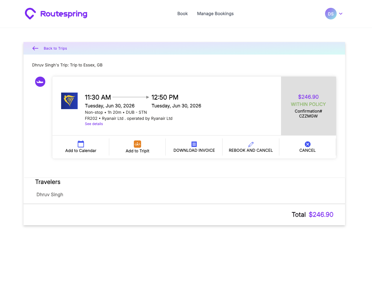 Confirmed Ryanair itinerary on Routespring showing confirmation number and invoice options