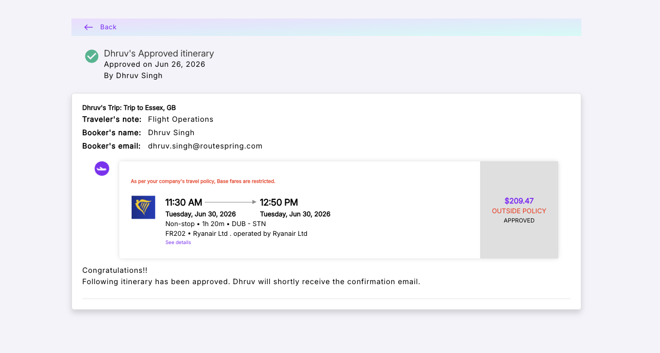 Travel Manager sees Approved itinerary with Congratulations message