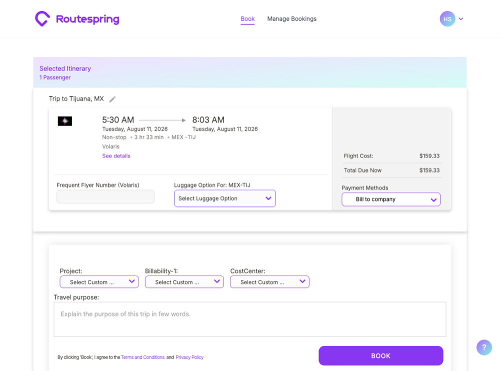 The payment page for a supported flight, showing the Luggage Option dropdown next to the fare.