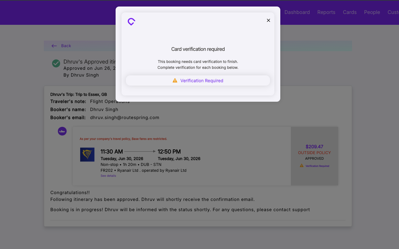 Card verification required modal shown to Travel Manager after clicking Approve Travel