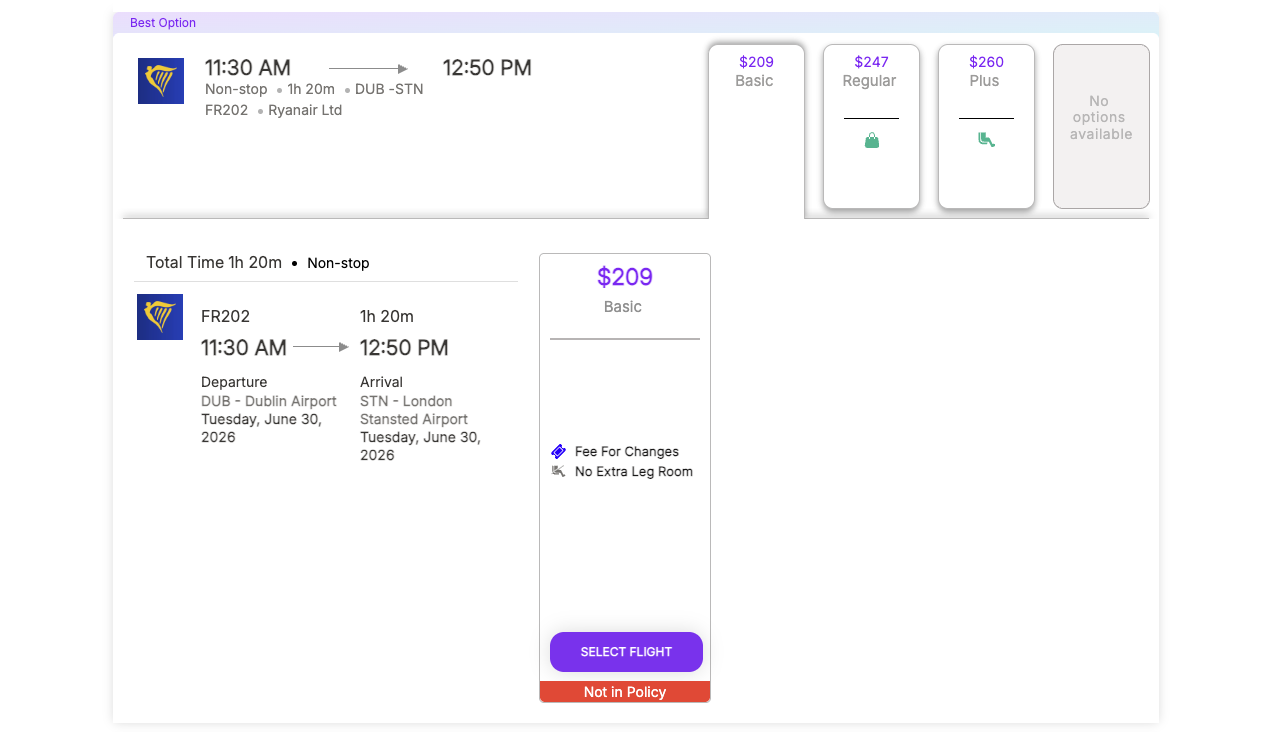 Ryanair flight search showing Basic fare selected with Not in Policy badge