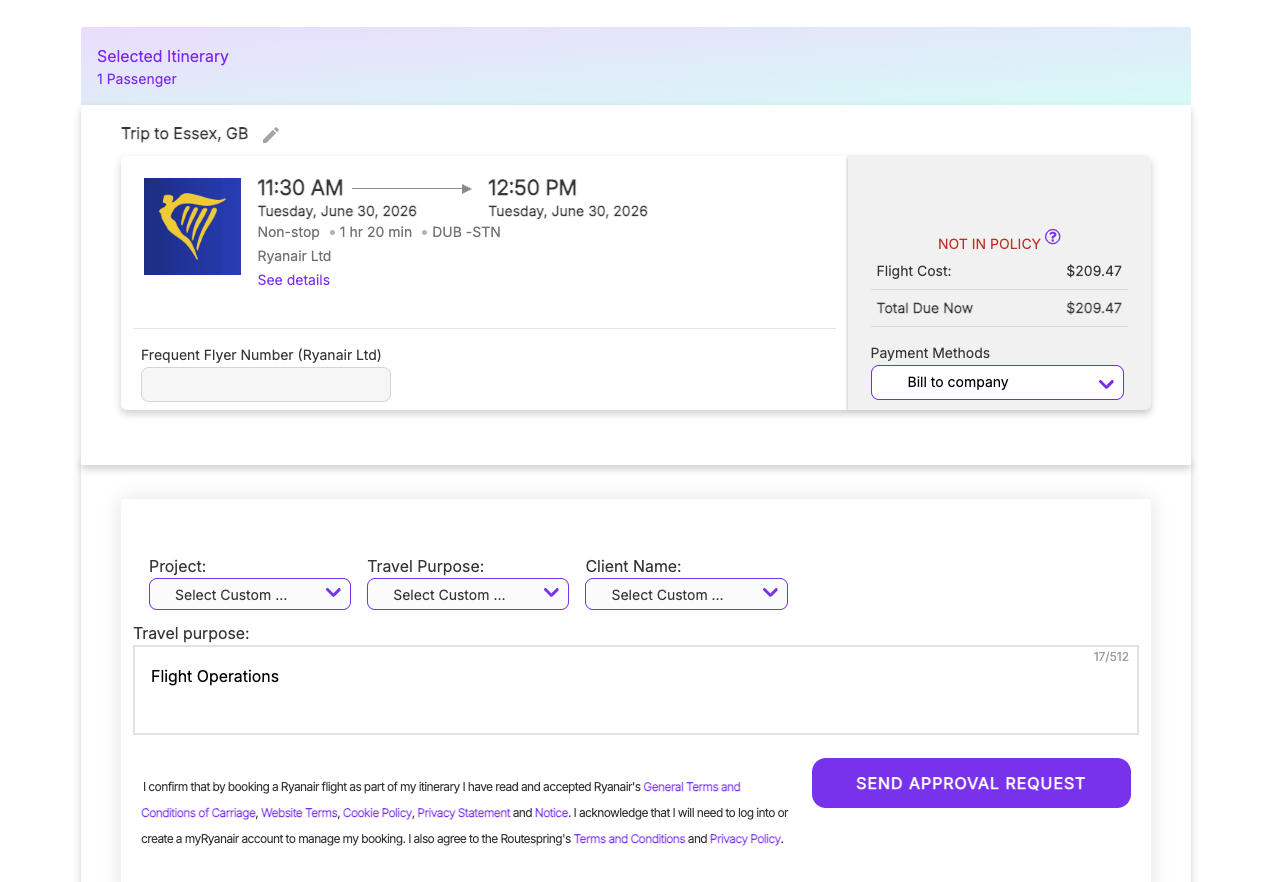 Booking review screen showing NOT IN POLICY badge and Send Approval Request button