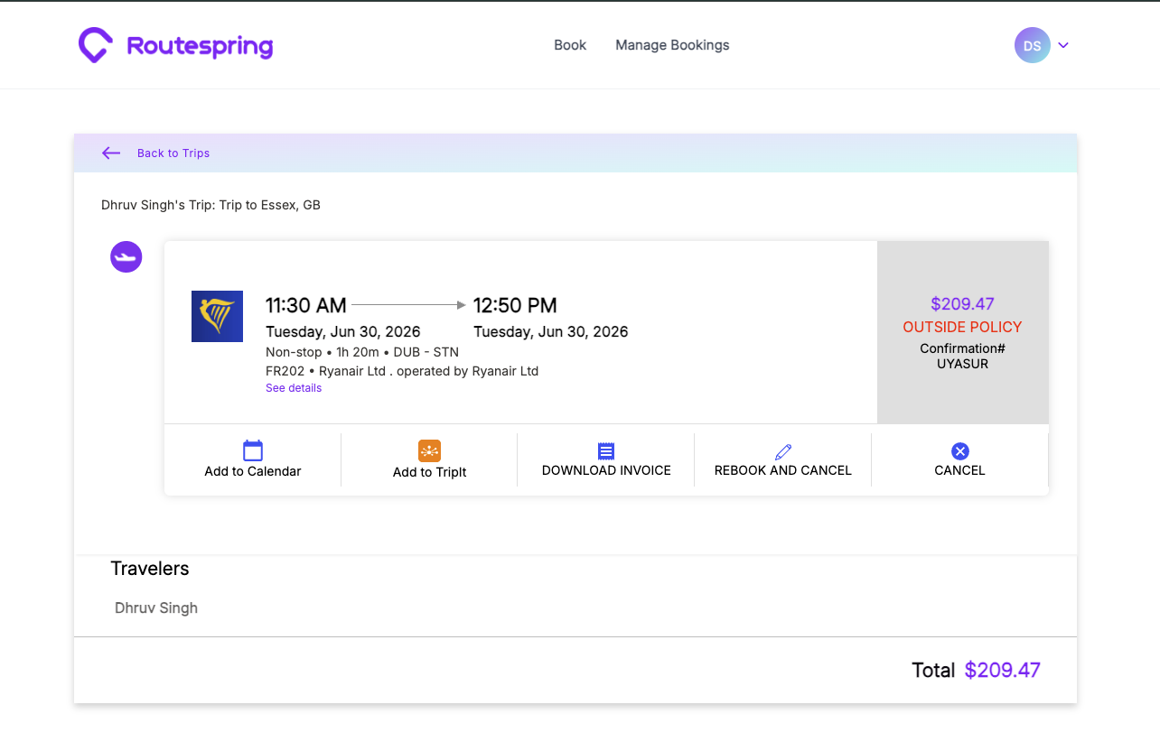 Traveller's confirmed itinerary showing Outside Policy booking with confirmation number