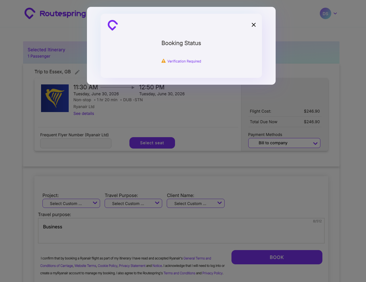 Booking Status modal showing Verification Required after clicking Book