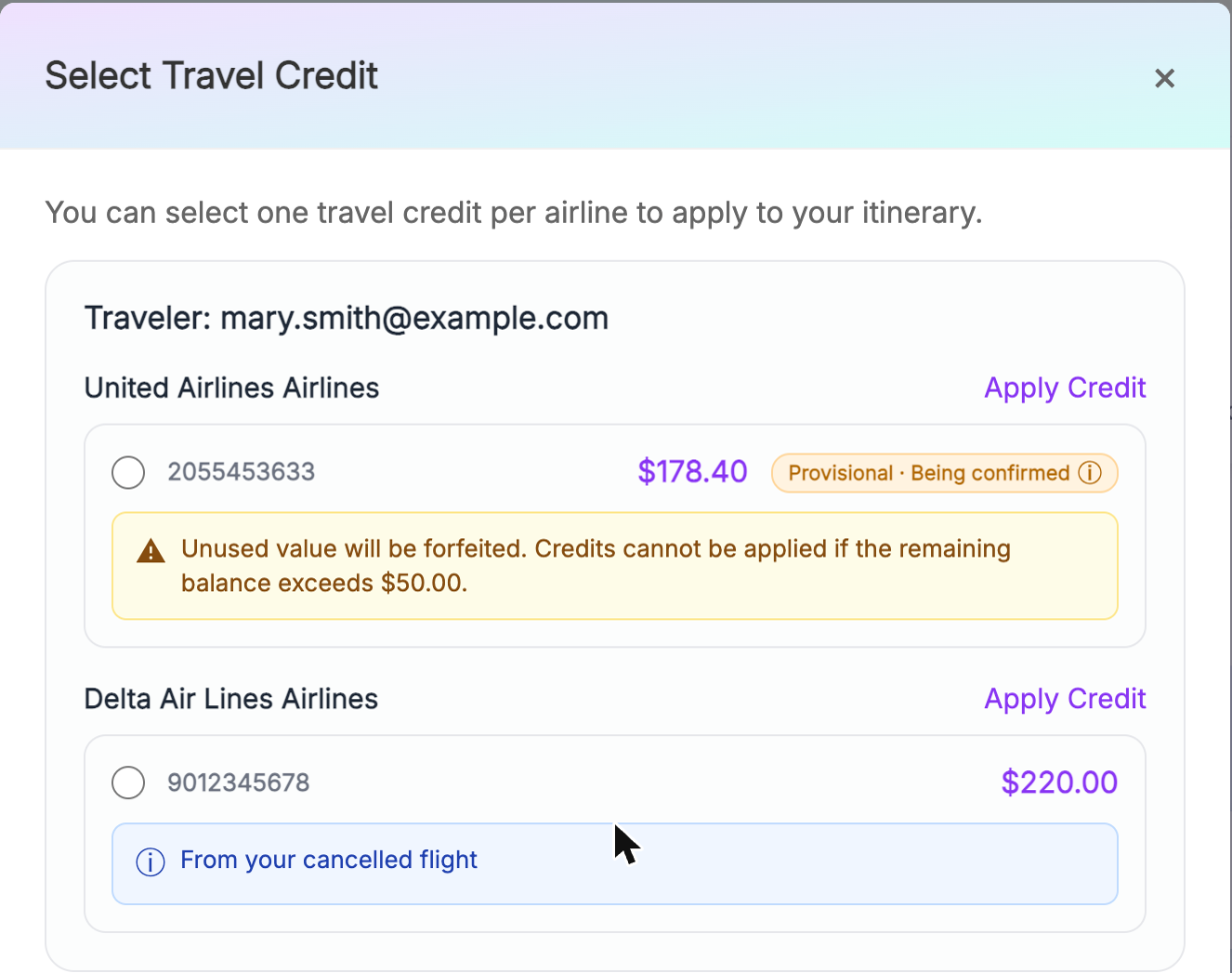 Select Travel Credit panel with a confirmed and a provisional credit