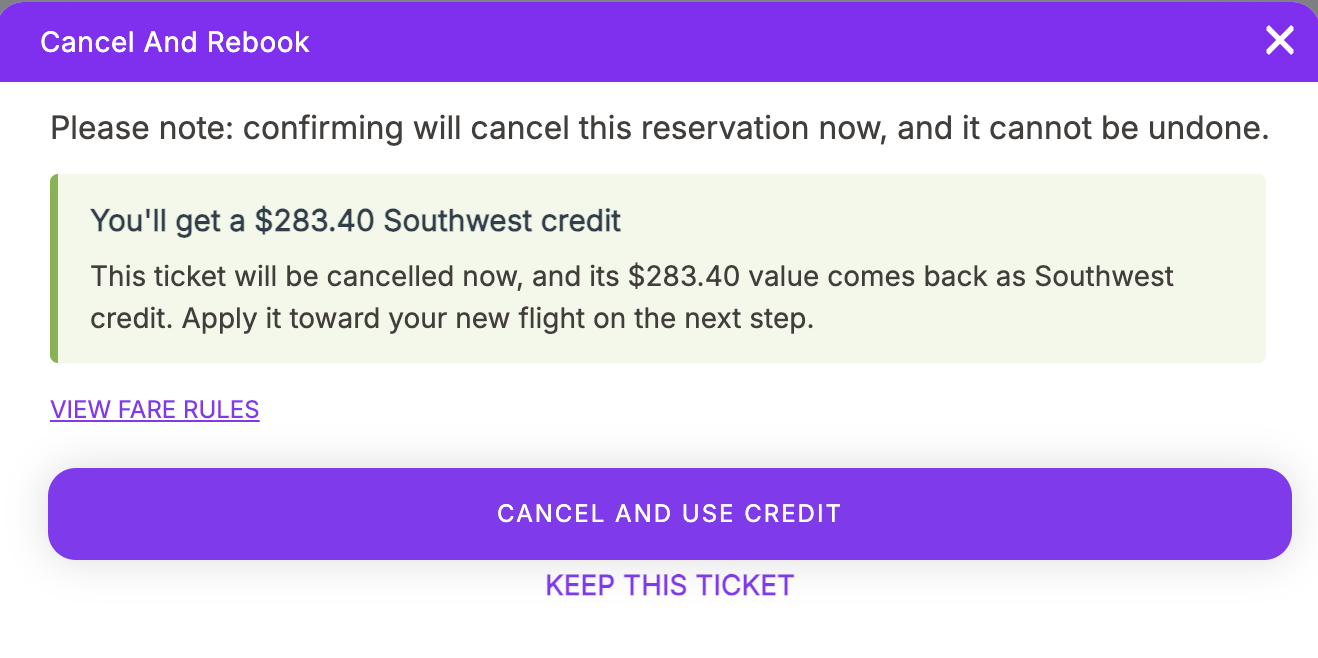 non-refundable fare, credit confirmed
