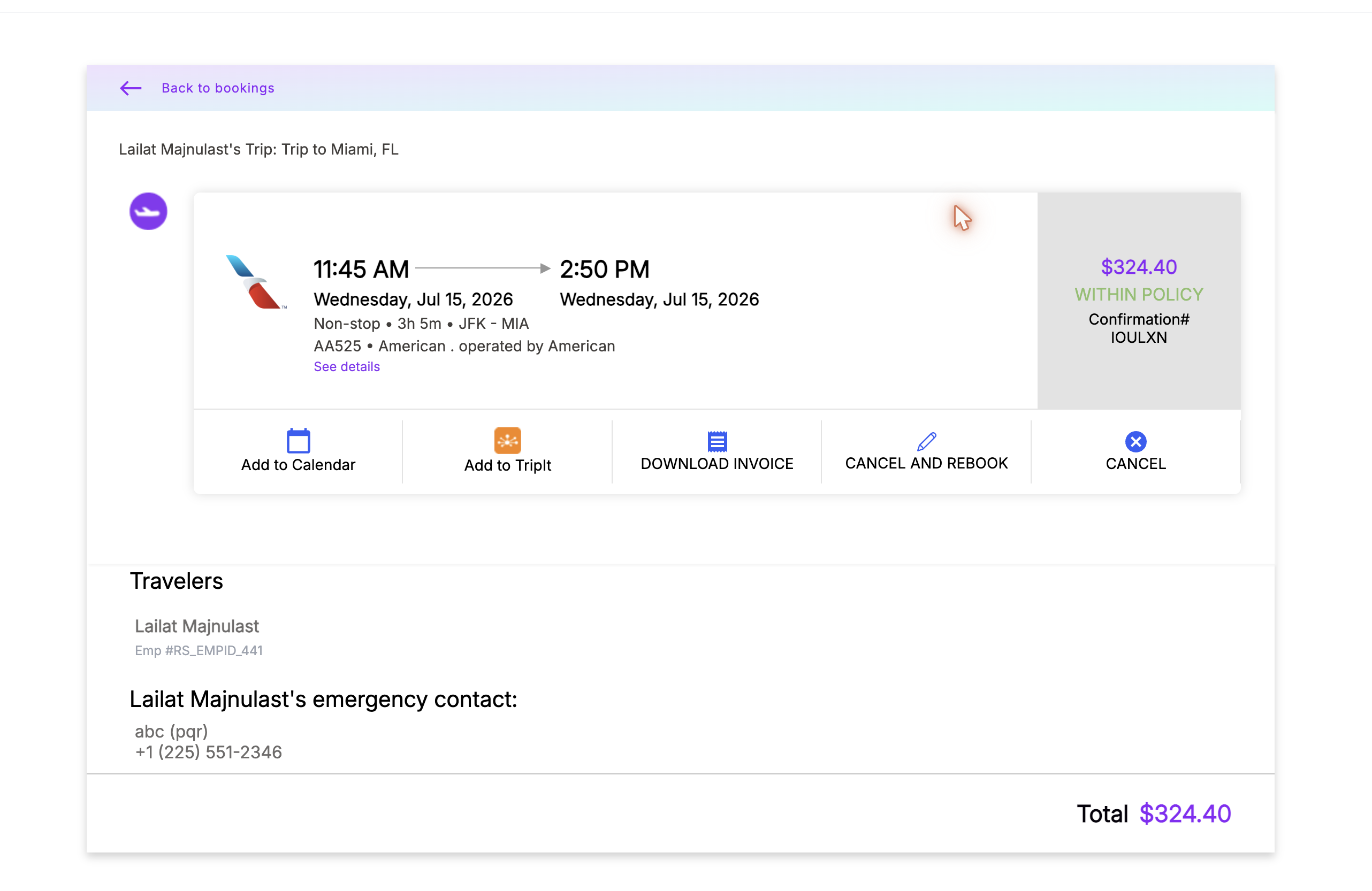Flight details page with the Cancel and Rebook button